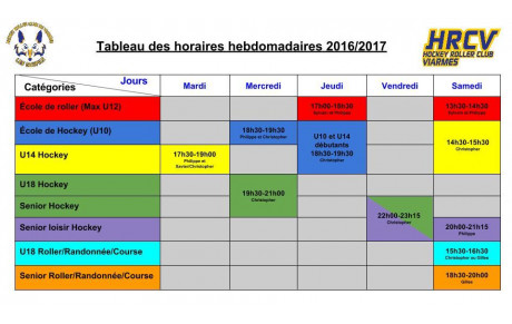 Planning hebdomadaire des entraînements 2016/2017